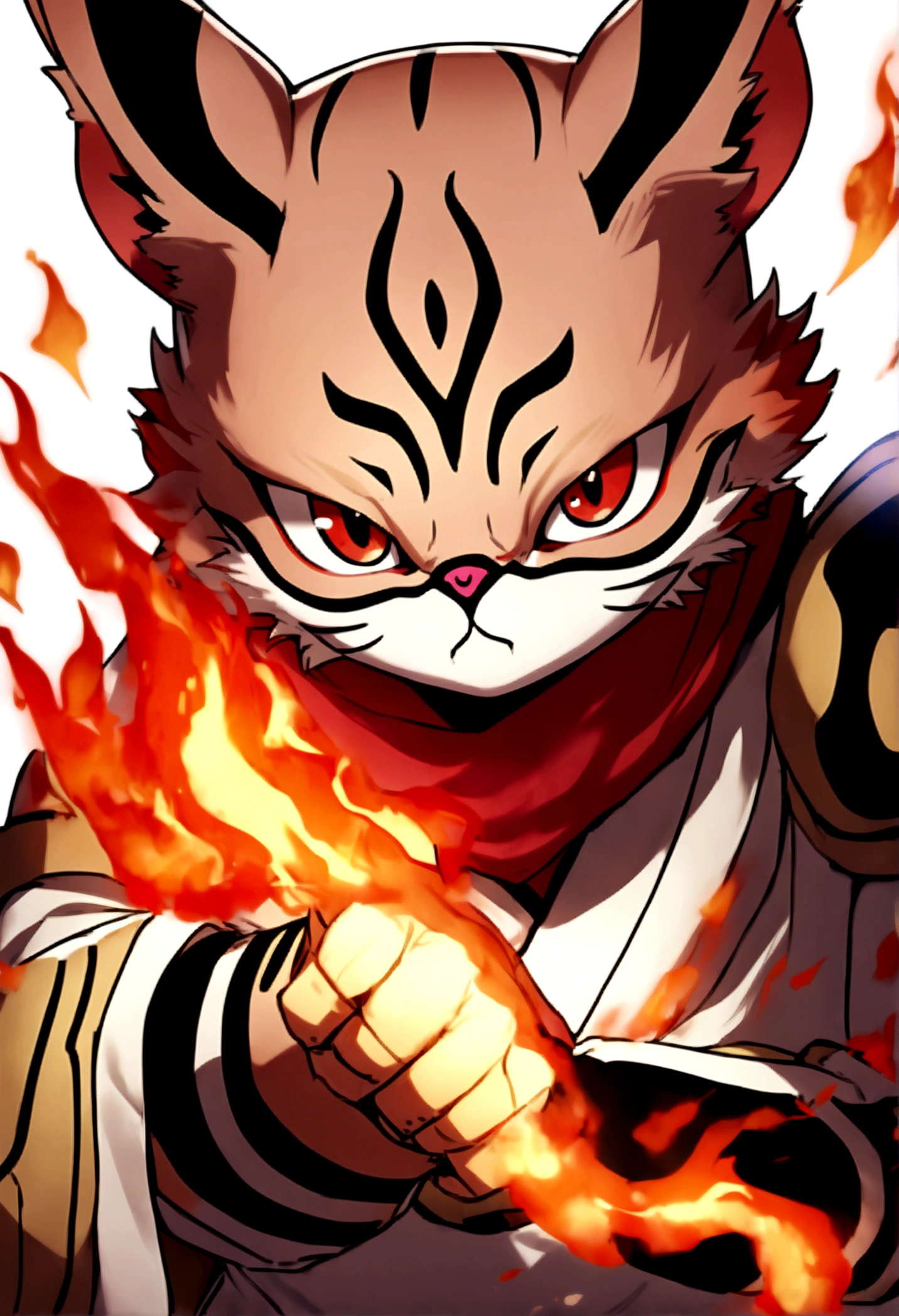 sukuna, fire in hand, ready to fight, upper body, no background