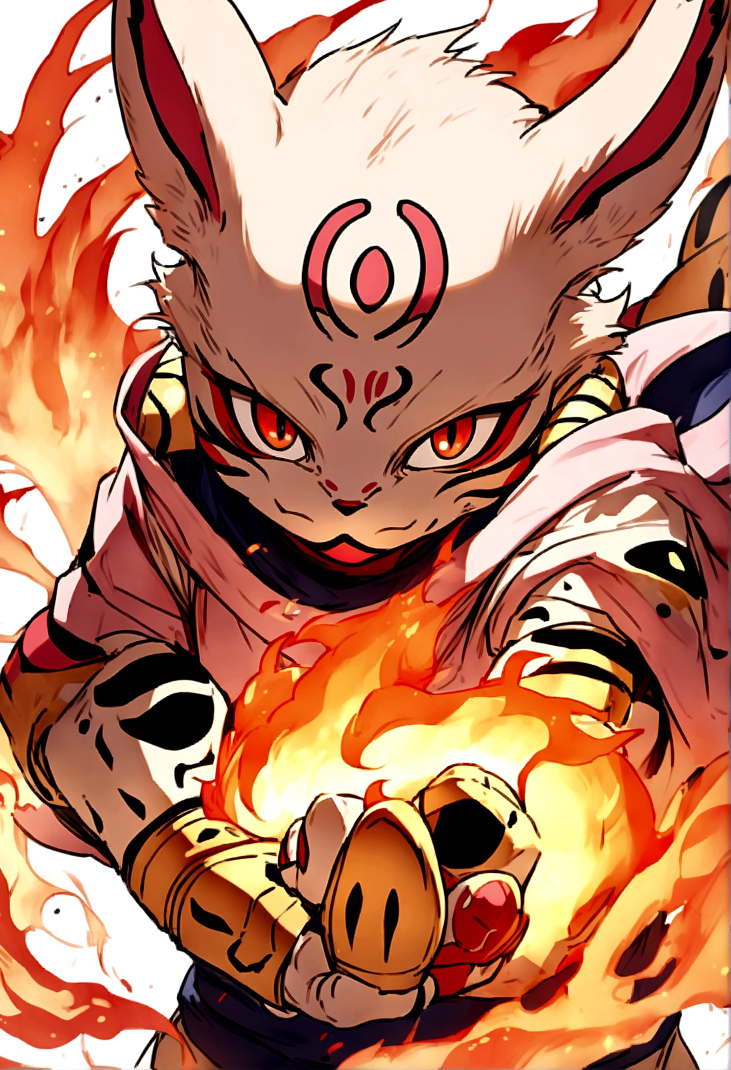 sukuna, fire in hand, ready to fight, upper body, no background
