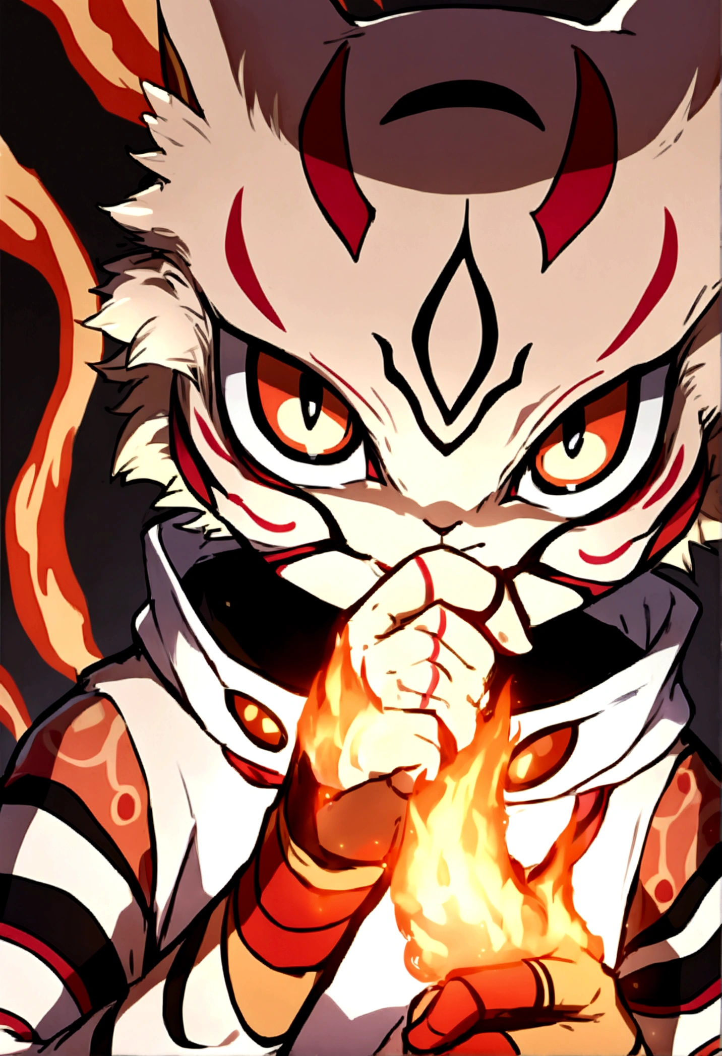 sukuna, fire in hand, ready to fight, upper body, no background