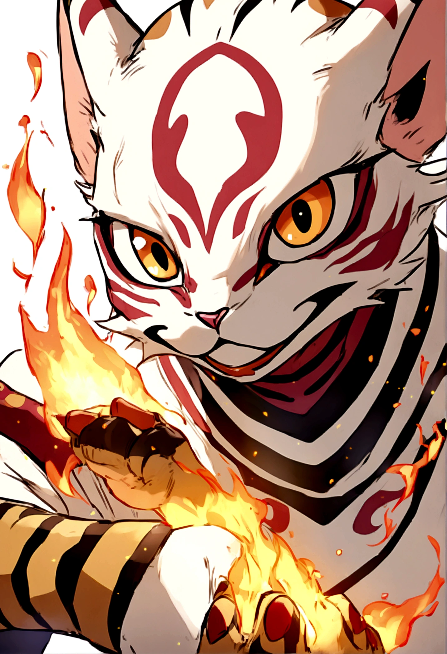 sukuna, fire in hand, ready to fight, upper body, no background