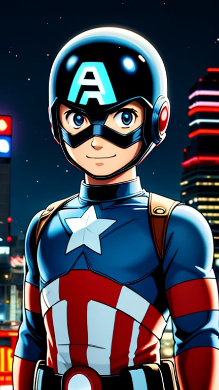 (8k),(masterpiece),(Japanese),(13-year-old boy),((innocent look)),((Childish)),From the front,smile,cute,Innocent,Kind eyes,Flat chest, Captain America, Blue Helmet, Blue Domino Mask,Short,Hair covered by helmet,Blonde Hair,Strong wind,night,dark, Neon light cyberpunk city, mighty atom