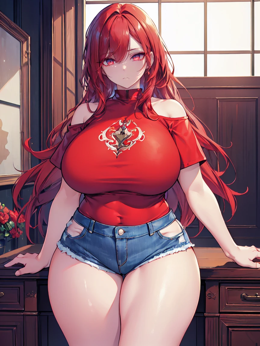 (uhd, masterpiece, Textured leather, Super details, high detail, high quality, Best quality), detailed face, 1 woman, mature beautiful woman, ((wide hips, thick thighs)), Red eyes, ((red hair is long and smooth) ), (wide shoulder T-shirt), (denim shorts) standing