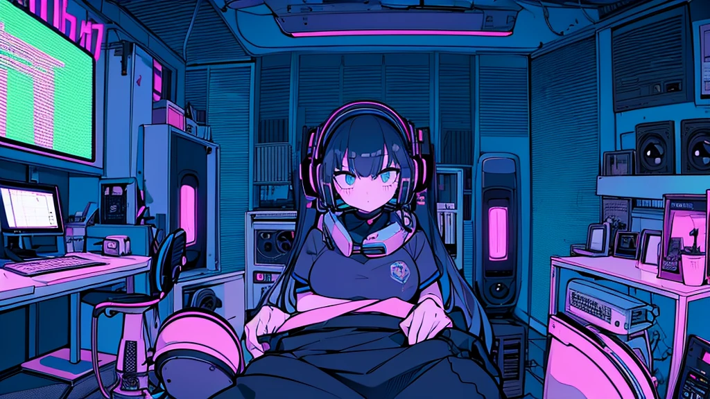 Best quality, (masterpiece), best detail face,1 girl, big breasts, 18 yo, 8k,absurdres,unity 8k wall paper,(extremely detailed:1.3), highest realistic, (retro headphones:), (soft neon light:), (psychedelic), Her room full of music equipment and plants, sports wear , See the whole room, She is leaving the room, dark blue color palette