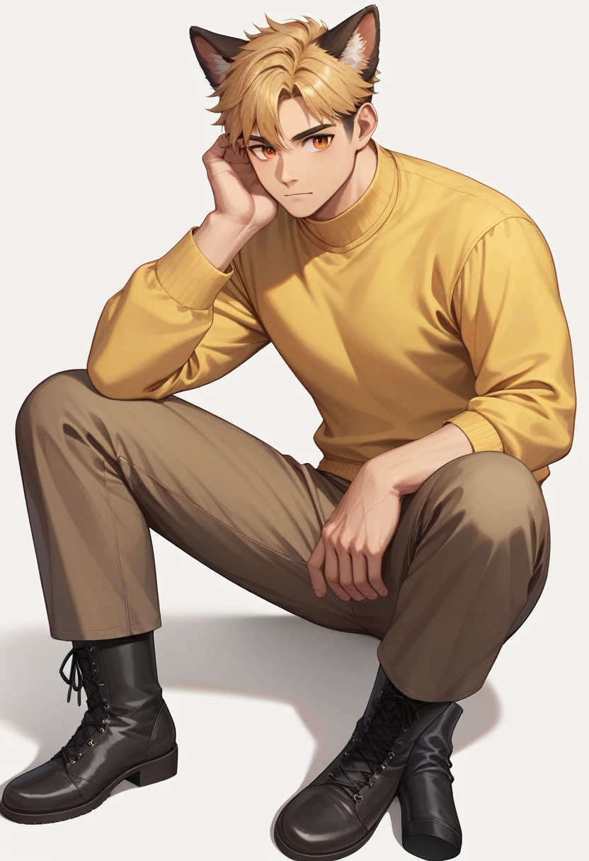 ((Best quality, masterpiece)),
1 man, blond short hair, White background, orange eyes, Neko, dog black fluffy ears, Yellow Sweater, Brown Pants, black boots