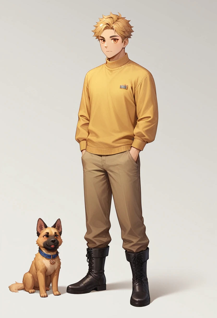 ((Best quality, masterpiece)), 
1 man, blond short hair, White background, orange eyes, Neko, dog black fluffy ears, Yellow Sweater, Brown Pants, black boots