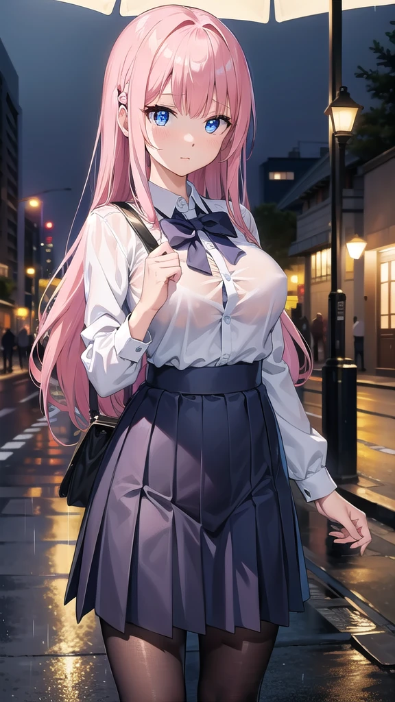 nodokaharamura, nodoka haramura, blue eyes, hair bow, long hair, pink hair, bow, BREAK blue skirt, kiyosumi , pleated skirt,serafuku, skirt, BREAK looking at viewer, BREAK indoors, city,night,neon lights,rain,wet road,reflections BREAK (masterpiece:1.2), best quality, high resolution, unity 8k wallpaper, (illustration:0.8), (beautiful detailed eyes:1.6), extremely detailed face, perfect lighting, extremely detailed CG, (perfect hands, perfect anatomy),black pantyhose,pantyhose,standing in street,skinny fit,upper body shot, wet uniform,no bra,nipples,tits see through,tits vissible,from above.