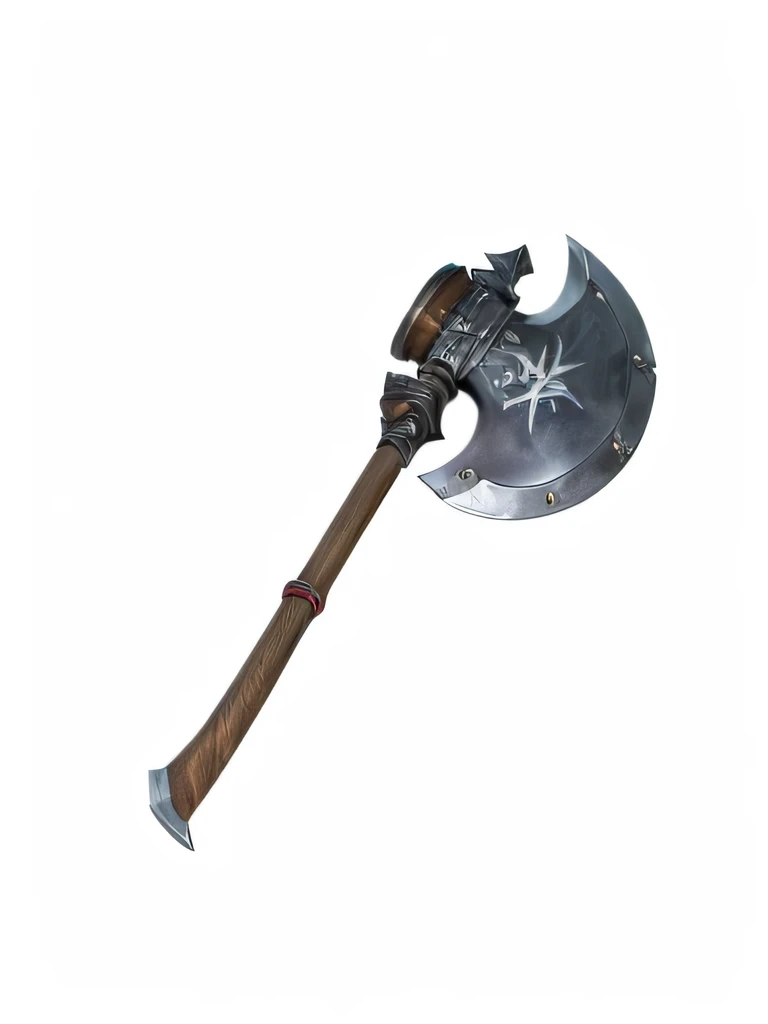 a close up of a large metal ax with a wooden handle, battleax, battle ax, giant ax, Hammer Weapon, High-tech ax, an ax elemental, dual wielding axs, Fantasy weapons, Dwarven weapons, ax, Sword weapons, pickax, Fantasy Scythe, axs, medieval weapon, with a two handed ax