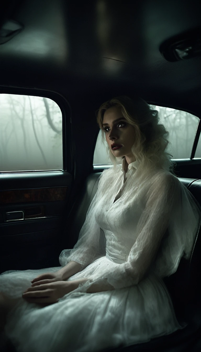 Inside the car, a tense atmosphere as the woman in a white dress sits silently beside the driver. Her hair obscures her face. The man's face shows unease and nervous glances towards her. The car interior is dimly lit, with the headlights casting a weak glow on the foggy forest road outside. Cinematic lighting, high contrast, spooky.