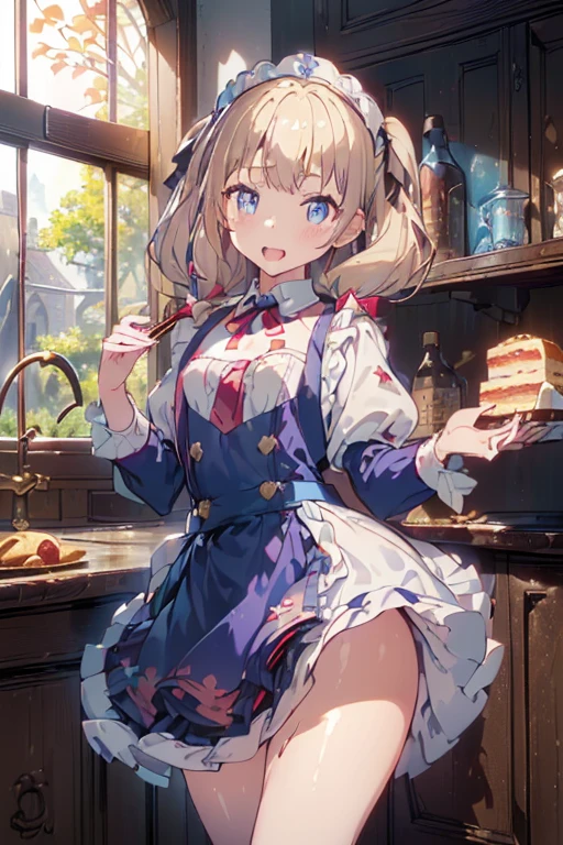 (perky chest:1.2), (pointed chest:1.2),(((Black Tunic:1.3))),(((cakes and bread in the basket),Cute and beautiful girl,Cute round face,Cute smile,with blush cheeks,Red Lip,a girl 22 years old, nsfw:1.2, beautiful body:1.3), shinny skin, BREAK, ((alice in the wonderland:1.3, cute, kawaii, lovely, funny, a girl falling down from sky:1.3, girl flying in sky:1.2, girl floating in air:1.3, rolling upskirt by wind:1.5, (with sparkling eyes and a contagious smile),open mouth, Looking at Viewer, surprised, putting hands on crotch over the skirts:1.35)), BREAK, ((floating things as follows:1.3, PlayingCards, Trump, tea cup, tea pot, tea spoons, pocket watch:1.3, lip sticks, candies:1.2, cookies, jam bottles, classical door_keys)), ((long purply_Blue dress :1.5, wearing long flaired skirt:1.3, the skirt is blowing:1.3, cute White Apron, black stockingedium long platinum-blonde hair:1.2, twin tail hair:1.6, tied hair with a large ribbon), (Blue eyes, bright pupils with highlights, detailed eyes), (lying down on your back:0.7, spreading legs with rising up straight:0.7), sexy posture, fantastic colorful art, (fantasy art:1.2, wondered images), ((correct anatomy:1.5, perfect anatomy:1.3, correct hand, small foot:1.2)),