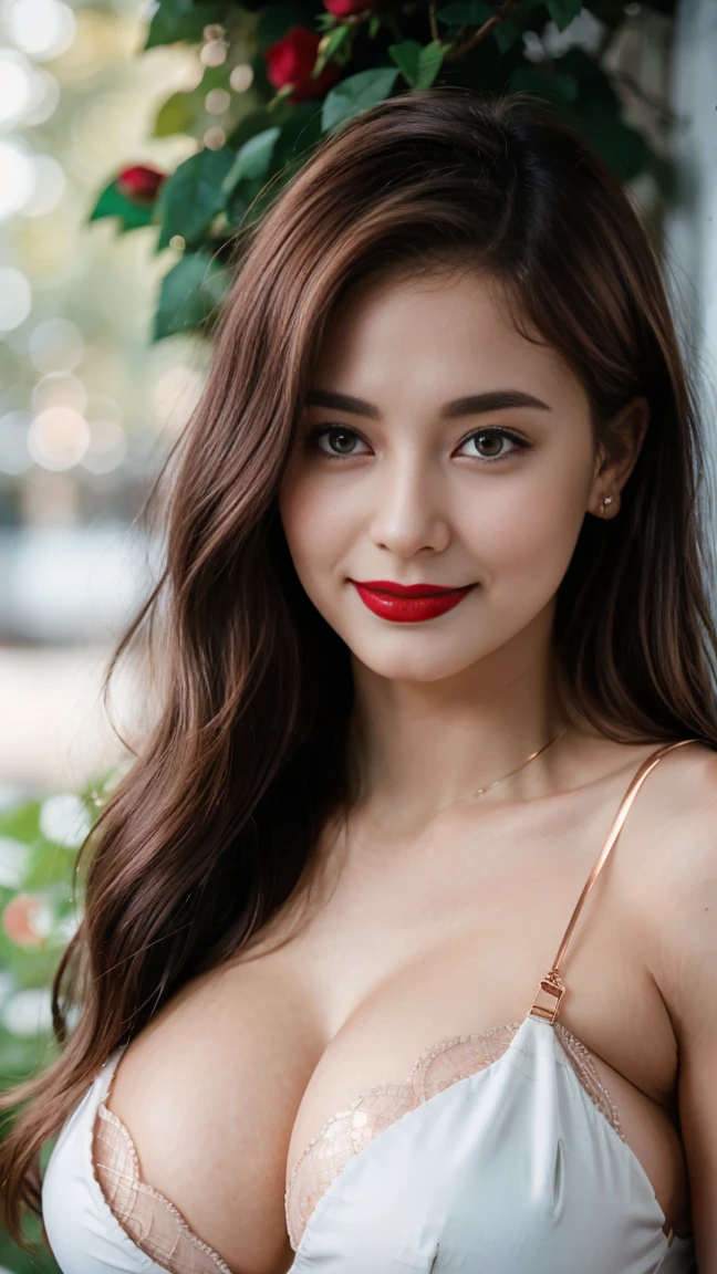 Gorgeus Girl, Beautiful, Baby Face, 20 Years Old, White Skin, red lipstick, sensual Lipstick, Colossal Breasts, Movie Lighting, Futuristic, ((Cleavage)), Green-Gold Classy Lace G-string, Rose Eye, Muscles, Bokeh, Masterpiece, Medium Bob, Rose-Gold Hair, Lying Among the Rubble of Leaves, Smile