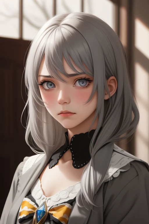 twenty-one year old women, long light grey hair, detailed grey eyes, apathetic expression