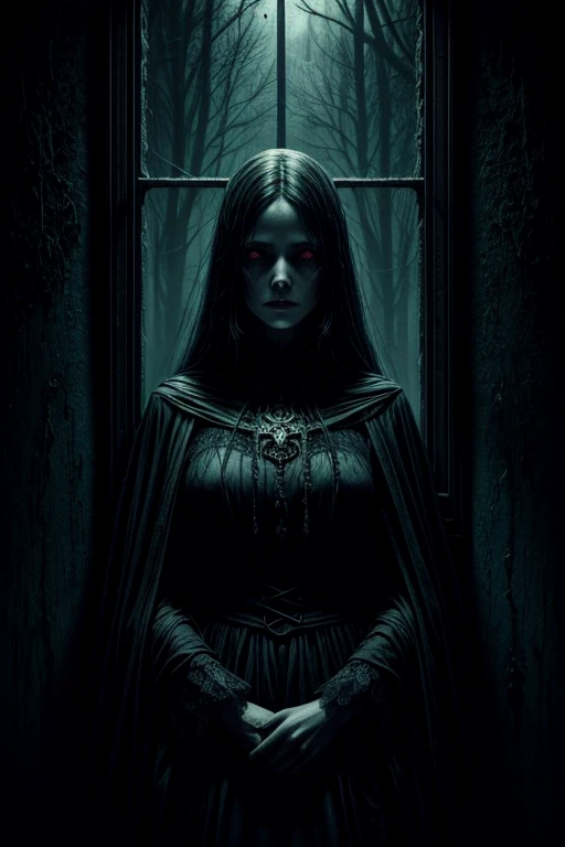 a woman looking out of a window, surreal horror art, fantasy horror art, ominous atmosphere behind her, haunting gaze, spiritual eerie creepy image, creepy art, with anguished eyes and dark hair, dark fantasy horror art, ((( horror art ))), surreal dark art, beautiful and creepy, creepy image, horror fantasy art, eerie atmosphere