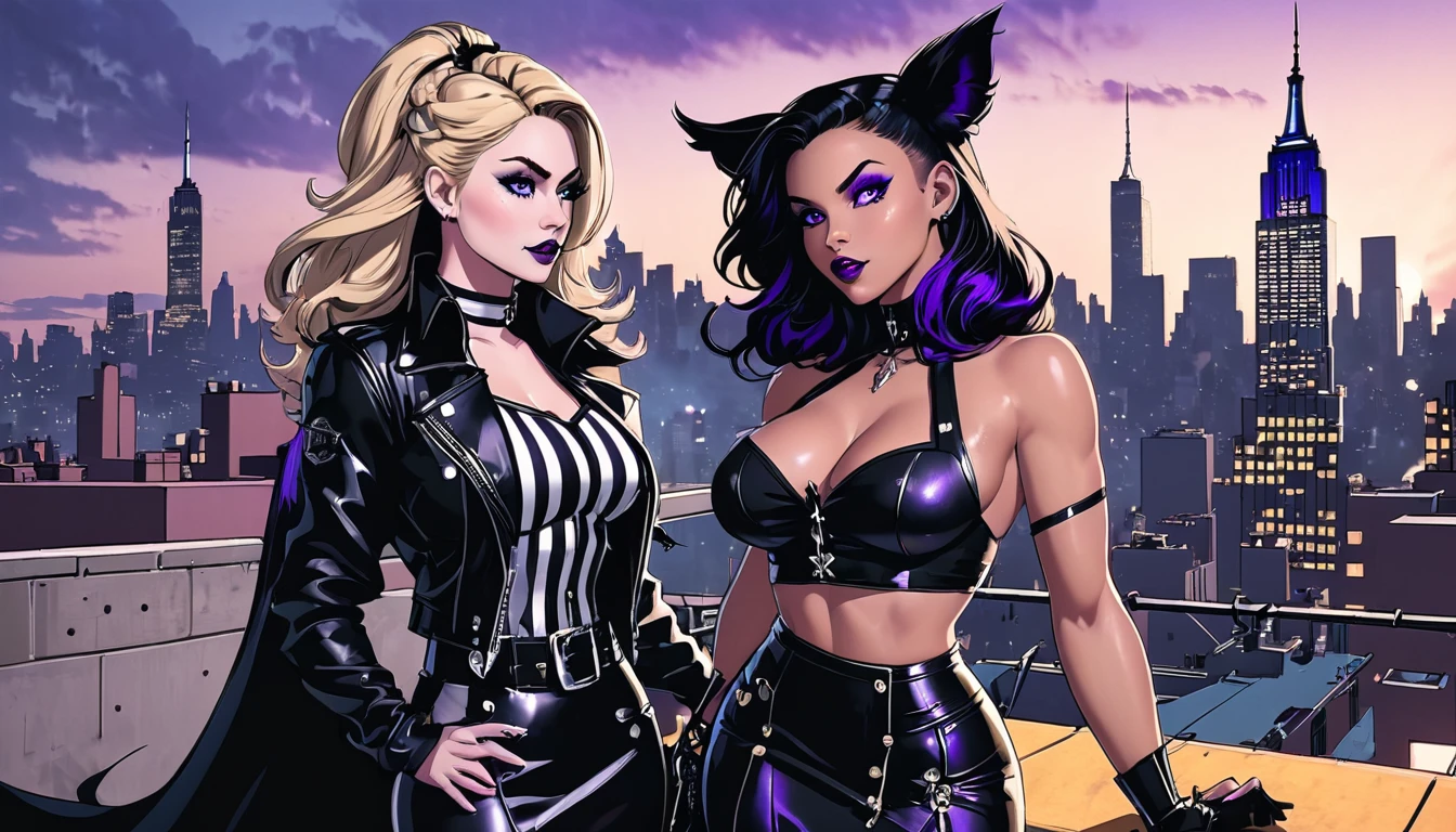 /imagine prompt: An image featuring two characters on a rooftop at night in New York City. The first character is a demon hunter with long wavy black hair, gray eyes, black lips, wearing a black biker jacket, a tight black and white striped top, a skirt, and long boots in a 1950s rockabilly style. The second character is a young blonde witch with semi-long wavy hair and blue eyes, dressed in witch attire in black and purple tones. Both characters are depicted realistically against the urban backdrop of the New York City skyline at night, Illustration, capturing the demon hunter and witch duo in a detailed and lifelike rooftop scene, blending elements of rockabilly and witchcraft in a modern urban setting, --ar 16:9 --v 5