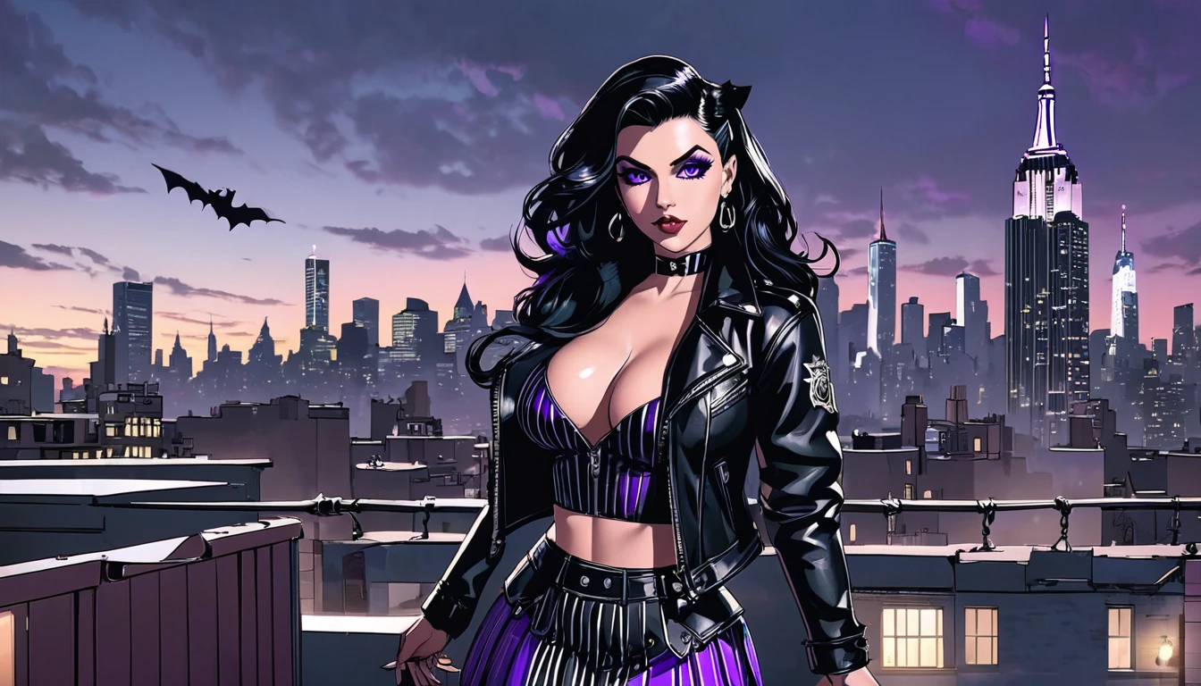 /imagine prompt: An image featuring two characters on a rooftop at night in New York City. The first character is a demon hunter with long wavy black hair, gray eyes, black lips, wearing a black biker jacket, a tight black and white striped top, a skirt, and long boots in a 1950s rockabilly style. The second character is a young blonde witch with semi-long wavy hair and blue eyes, dressed in witch attire in black and purple tones. Both characters are depicted realistically against the urban backdrop of the New York City skyline at night, Illustration, capturing the demon hunter and witch duo in a detailed and lifelike rooftop scene, blending elements of rockabilly and witchcraft in a modern urban setting, --ar 16:9 --v 5