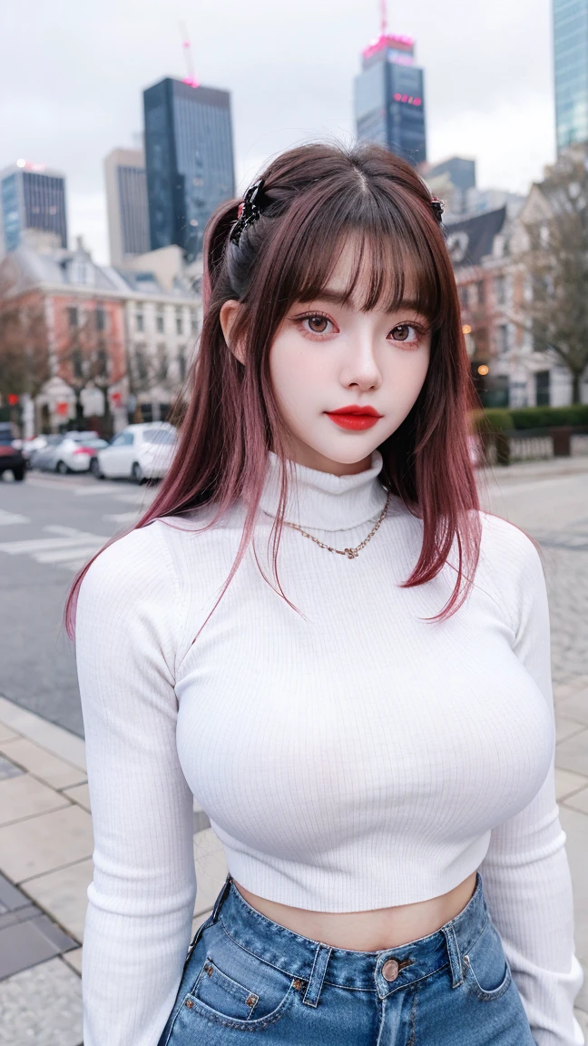 Gorgeus Girl, Beautiful, Baby Face, 20 Years Old, White Skin, Colossal Breasts, Side Pose, Outfit Straps, Crop Turtleneck Top transparent, Mini Black Shirt, Blue Eye, Muscles, Bokeh, Modern Place Background, Masterpiece, Fullbody Shot, Straight Pink Hair