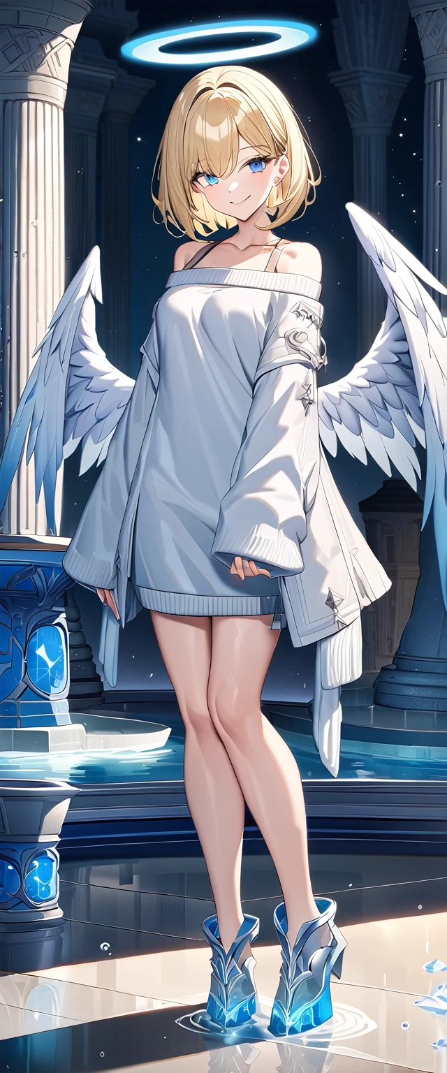 ((angel, big big white wings:1.3, halo:1.3)), (((full body))), ((flying)), Uriel, ((wavy hair, outward curled hair)), (water temple, crystal clear water:1.3), (crystal, reflective, glowing, waterlogged floor, fountain:1.5), (waterfall), (crystal textured interior), (water ripples:1.3), (clear blue crystal pillars:1.2), (geyser, indoor), (ice floor, ice wall:1.2), (light blue glowing:1.3), ((blond hair, bob cut:1.3)), breasts, teenager, (looking at viewer), oversized clothes, puffy long sleeves, collarbone, ((off-shoulder sweater dress:1.3, Quite thick shoulder straps)), (((sleeves past wrists:1.3))), ((white sweater)), collarbone, head tilt:1.3, (((blue eyes))), ((happy smile)), (((anime style))), (best quality, 4K, 8K, highres, masterpiece:1.2, ultra-detailed, ultra-detailed eyes, HDR, uhd, studio lighting, ultra-fine painting, sharp focus, physically-based rendering, extreme detail description, professional, vivid colors, bokeh), ((Highest quality, Best image quality, Ultra-high resolution, Ultra-high resolution, solo, Strong eye highlights)), Depth of written boundary, Natural soft light, attractive, Beautiful Face, Cleanliness, Pure Face, medium chest, Beautiful Face, Perfect Fingers, Perfect hands, Perfect body, Perfect Face, Shine a light into your eyes, Perfect Anatomy