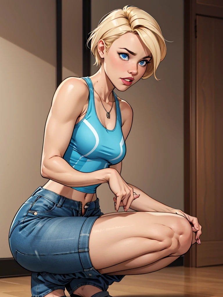 Hot blonde girl with short hair, blue colored eyes, wearing a A pair of moss green camp shorts, wearing a Belts on her shoulders, wearing a white tank top showing her belly, cleavage, defined and shiny breasts, low angle image
