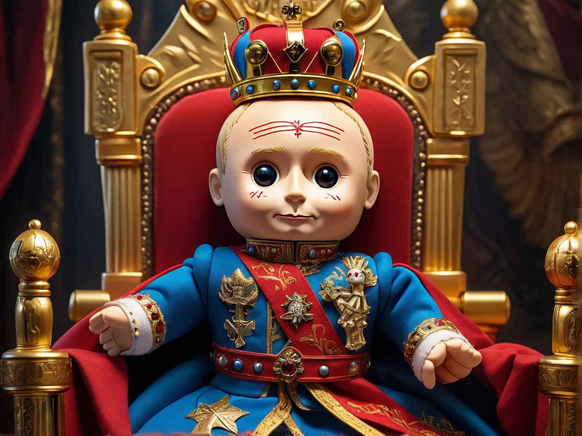 (knitted toy voodoo doll:1.9), (Voodoo Vladimir Putin:1.7), (on the throne:1.3), (Clothing: royal attire with royal insignia, flowing cape:1.0), (Accessories: crown, scepter:1.2), (background: luxurious room full of riches, Russian coat of arms prominently displayed, ethereal light illuminating the stage:1.2), best quality, masterpiece, detailed soft oil painting, detailed background, dramatic cinematic lighting, soft edge lighting, professional, dramatic lighting, hard edge lighting,
ultra quality, 4k,masterpiece, best quality, 8k, ultra highres, highres, extremely detailed