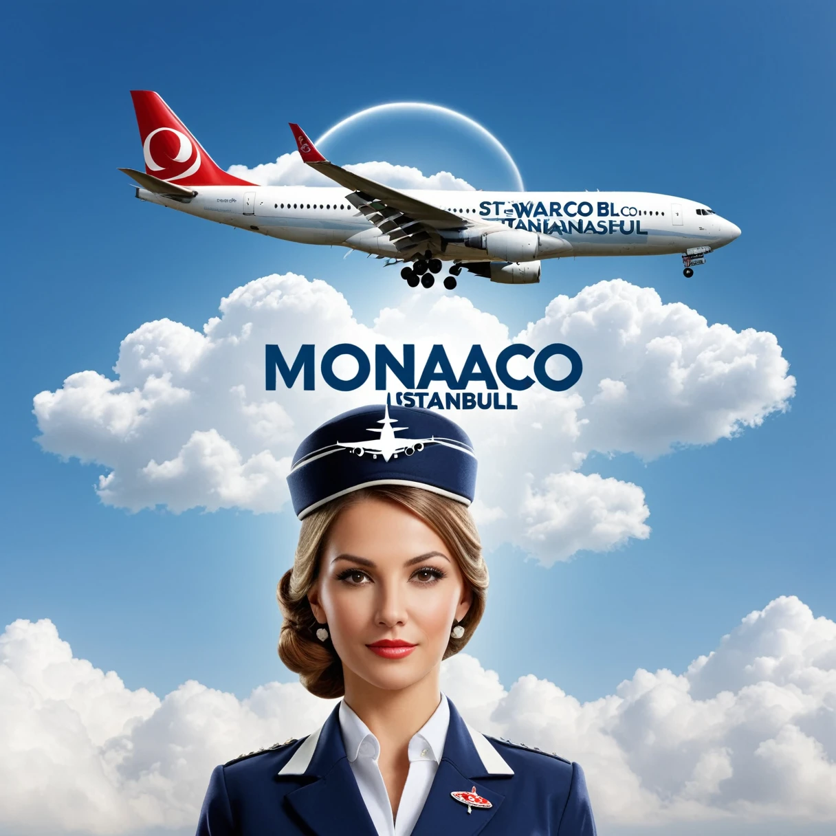 dvr-wwyt, stewardess, airplane, double exposure, (("Monacco - Istanbul")) Text logo, clouds