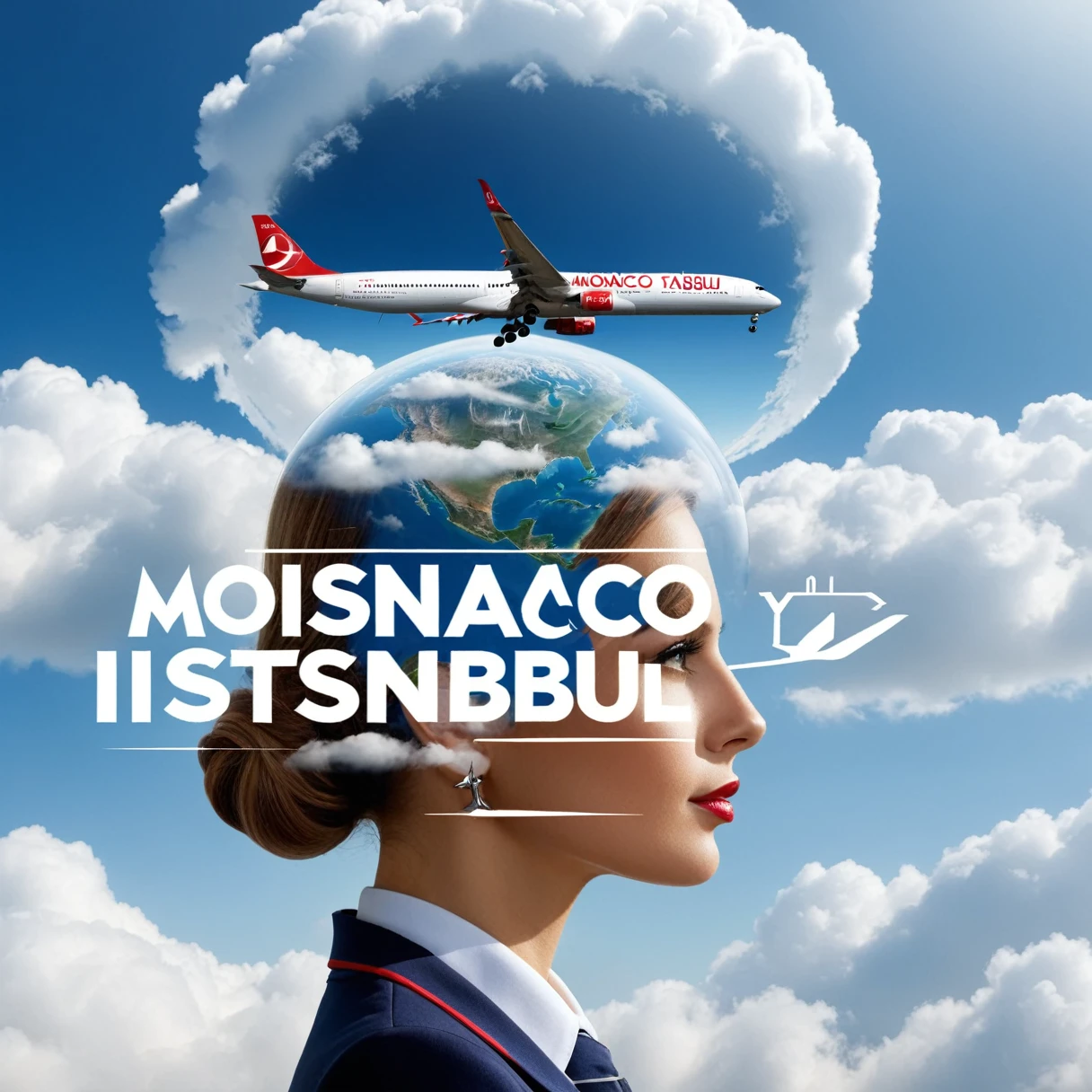 dvr-wwyt, stewardess, airplane, double exposure, (("Monacco - Istanbul")) Text logo, clouds