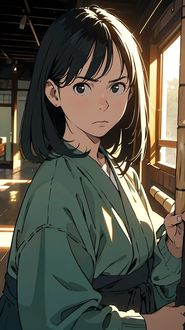 Beautiful girl wearing kendo gear,Front facing,Holding a bamboo sword,Serious look,The dojo is filled with light,