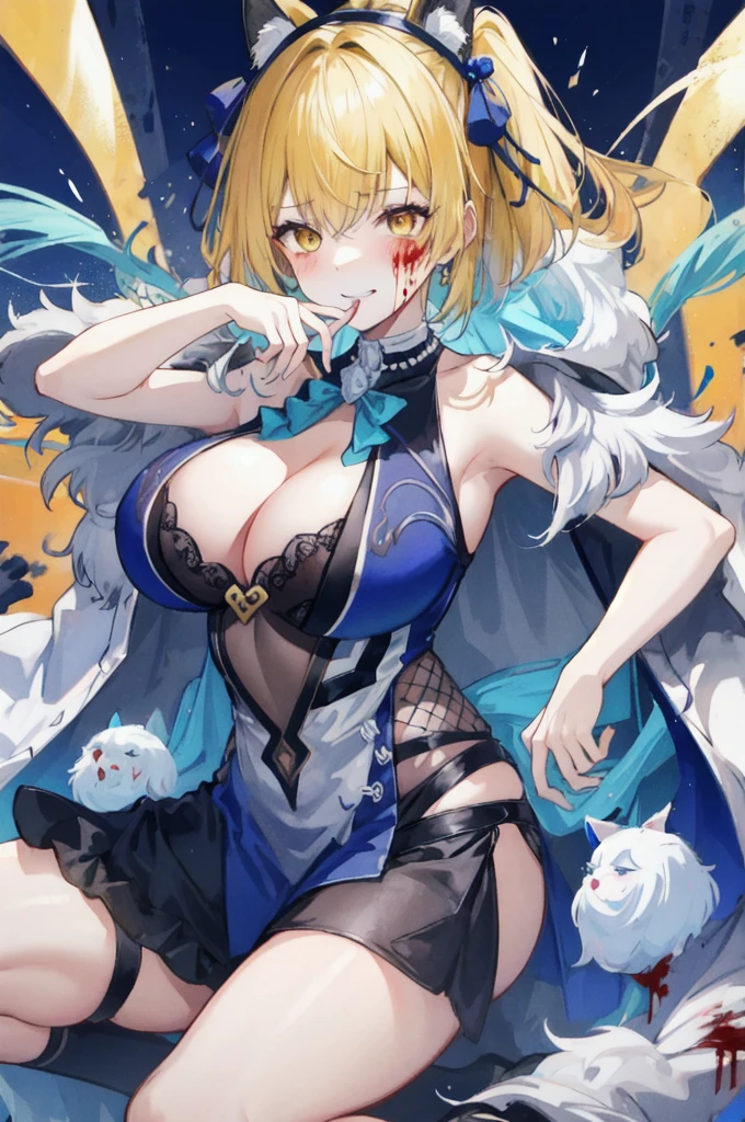 Delicate features, 狂気の笑face, Crazy Smile, Mouth wide open, Mouth open and teeth bared, wide lips, Very wide mouth, Frowning, Vermilion-tinted cheeks, Blonde Hair, Princess Cut, Ribbon hair ornament, brooch, Shiny candy blue dress, Gold embroidery,ta Style, Gothic style, Facing the audience, Otaku Room, Well-built body, Nice body, Ample breasts, Fleshy body,With eyes wide open、Scary atmosphere、Distorted facial expressions、ねじれた笑face、Bloody、Bleeding from the head、Blood splatter、whole body、Long Hair、Long bangs、(((Dark circles under the eyes)))、Pale skin、Feeling unwell、Pathological、邪悪な笑face、Crazy Eyes、(Grin)Dramatic makeup,Create mixed media art、Full body depiction on screen,whole body図,Well-built,Nice body,Shoulders wider,focus on,(face),Messy Hair,Yellow Eyes,(Glowing Eyes),(Blood splatter:1.5),Red light,笑face,big 笑face,tooth,psycho 笑face,gesugao,Dark city background,darkness,night,(close),Good Eyes, good teeth,サディスティックな笑face,,all,Shiny skin,詳細なface,Beautiful body,Adult,whole body油まみれで光沢感がある whole bodyから湯気が出ている Steam like a sauna room fills the entire screen. White breath from the mouth