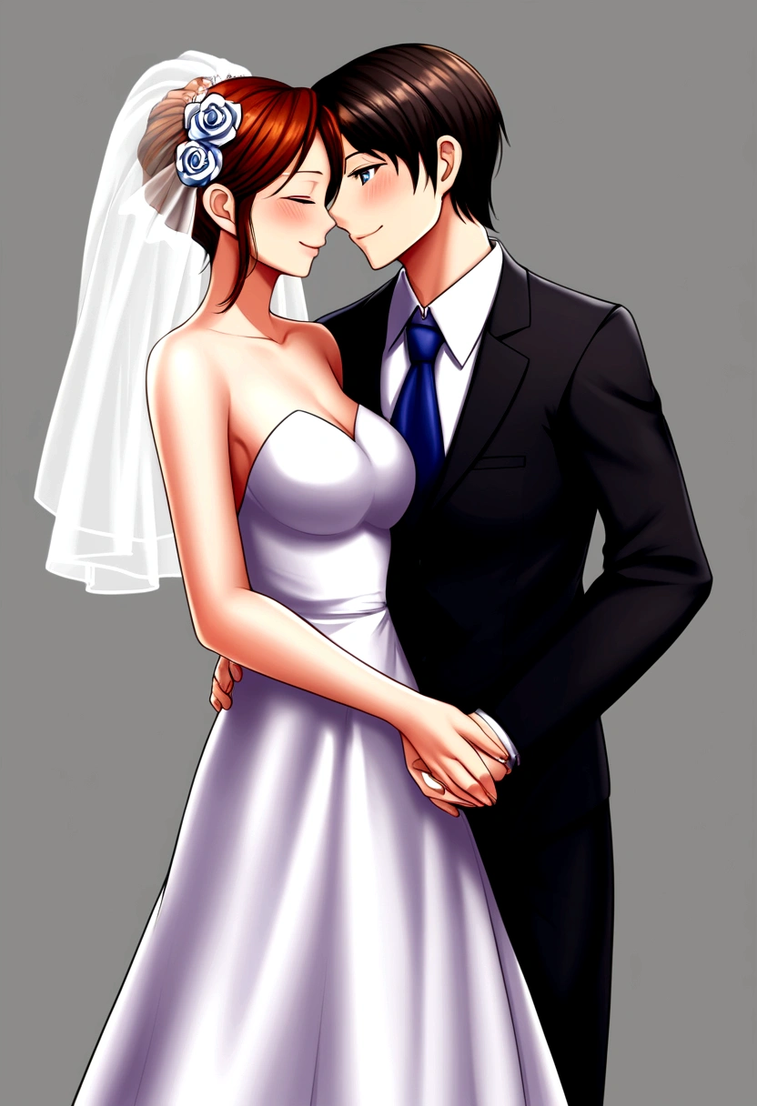 ((masterpiece)),((best quality)),ultra-detailed,illustration,1girl,flower,wedding dress,1boy,dress,bouquet,purple hair,glasses,longhair,smile,jewelry,hetero,gloves,breasts,
wedding,necklace,red eyes,formal,bride,husband and wife,elbow gloves,black hair,rose,large breasts,couple,suit,opaque glasses,groom,ponytail,bare shoulders,hair ornament,
antenna hair,bow,hand on another's shoulder,tuxedo,short hair,white dress,hair flower,dutch angle,blush,white gloves,brown eyes,veil,blue hair,pink rose,bridal veil,sidelocks,pink flower,wallpaper,perfect lighting,Colorful,ultra highres,4K,photography,8K,HDR,highres,(groin),(Beautiful,large breasts:1.4),day,(beautiful face:1.5),(narrow waist),Sakurai Sawa,
Saiminjutsu 2,(shiny skin),(full body:1.5), <lora:Sakurai Sawa_2:0.7>