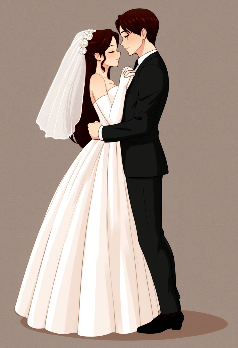 featuring a newly married couple in a simple line drawing style. illustration in a simple line drawing style, emphasizing clean and natural lines.Show the couple standing together, holding hands or embracing, with joyful expressions on their faces.Dress the couple in wedding attire, such as a suit for the groom and a wedding gown for the bride. Keep the background minimal, with perhaps a subtle indication of a wedding venue or floral elements.