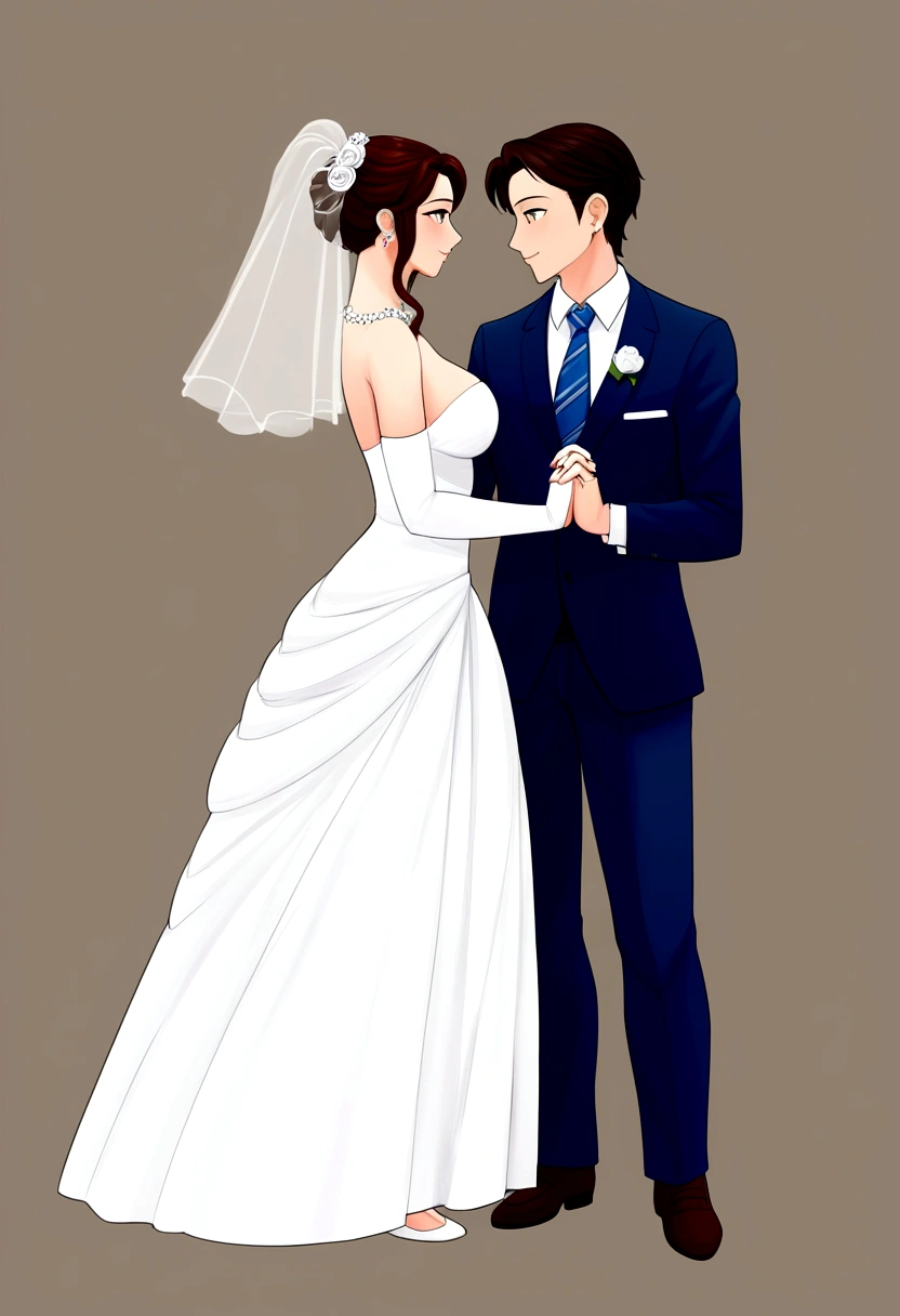 featuring a newly married couple in a simple line drawing style. illustration in a simple line drawing style, emphasizing clean and natural lines.Show the couple standing together, holding hands or embracing, with joyful expressions on their faces.Dress the couple in wedding attire, such as a suit for the groom and a wedding gown for the bride. Keep the background minimal, with perhaps a subtle indication of a wedding venue or floral elements.