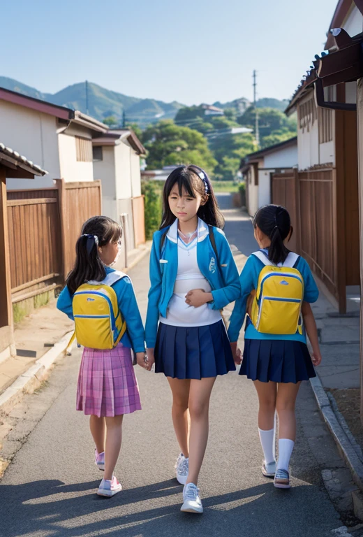 (35-year-old Japanese elementary school girls), (two little girls), (two little virgin girls), (two little virgin female students), (two female students), (two girls), (145cm tall), ((((small titsed)))), ((((small breasts))))), ((((flat chest)))), (navel-baring), (belly button exposed), Young girls are wearing baby blue bikinis and carrying school bags on their backs as they walk to school along the school route in a residential area, (No chest pads),