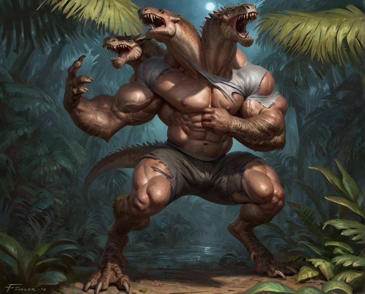 male tyranosaurus mid transformation, solo,(2 heads on 1 body:1.1), masterpiece, hyper muscle, muscular arms, veiny arms, best art, digitigrade, by taran fiddler, torn pants, torn shirt, detailed hands, detailed eyes, detailed torso, jungle, howling expression, transformation, 2 heads, multi heads, night, howling up, muscular, abs, nipples, bird feet