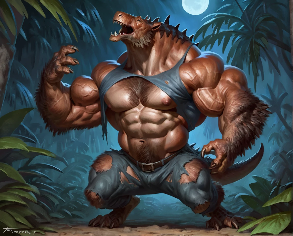 male tyranosaurus mid transformation, solo,(2 heads on 1 body:1.1), masterpiece, hyper muscle, muscular arms, veiny arms, best art, digitigrade, by taran fiddler, torn pants, torn shirt, detailed hands, detailed eyes, detailed torso, jungle, howling expression, transformation, 2 heads, multi heads, night, howling up, muscular, abs, nipples, bird feet