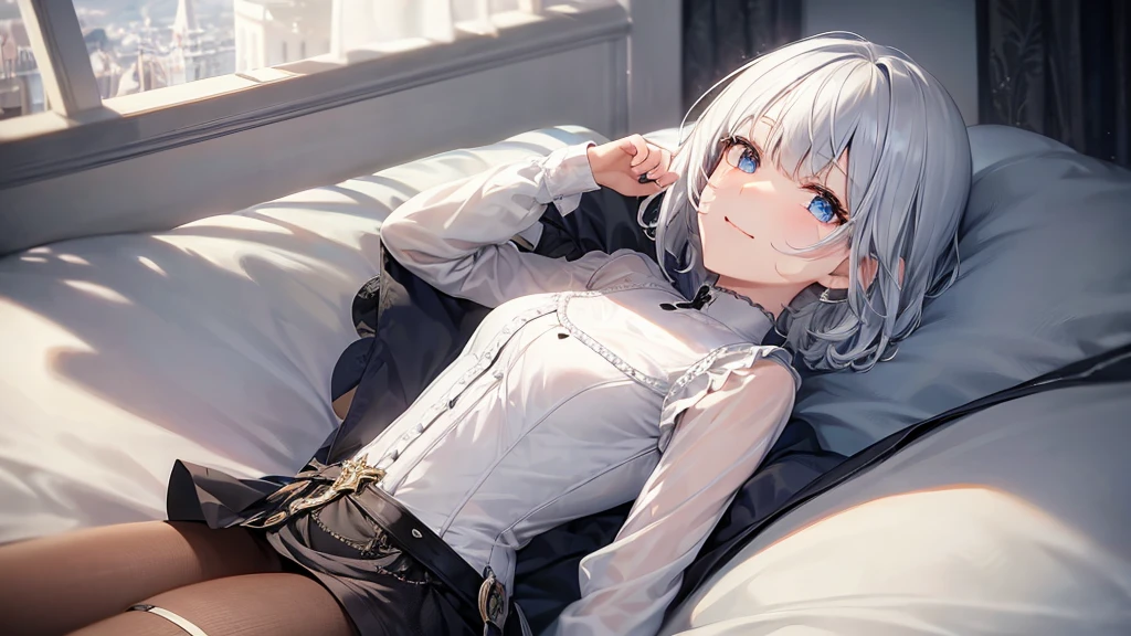 Ultra HD,Look at the viewers, Put your hands behind your back, With a girl, 20-year-old, 非常にShort Hair, Long bangs between the eyes, Pale blue eyes,  Very detailed,(masterpiece、Highest quality),Gray Hair、Laughter、Fantastic, Silver Hair, Iris,  Short hair、 Fluttering Hair、Small Face、明るいsmile、(Detailed face) ,Professional Lighting,Wonderful landscape,blue sky, sunlight,Looking down from above,Portraiture、Open your mouth、Flower Field、Her eyes were shining、Mysterious and enchanting atmosphere。With AI Painting、とてもShort Hair, Long bangs between the eyes, Very detailed,(masterpiece、Highest quality)、alone、Gray Hair、Fantasy, Silver Hair, Fantasyな風景、White shirt、smile、Open your mouth、short hair、Short Hair、hairpin、black eye、Grey Eyes、Beautiful Eyes、