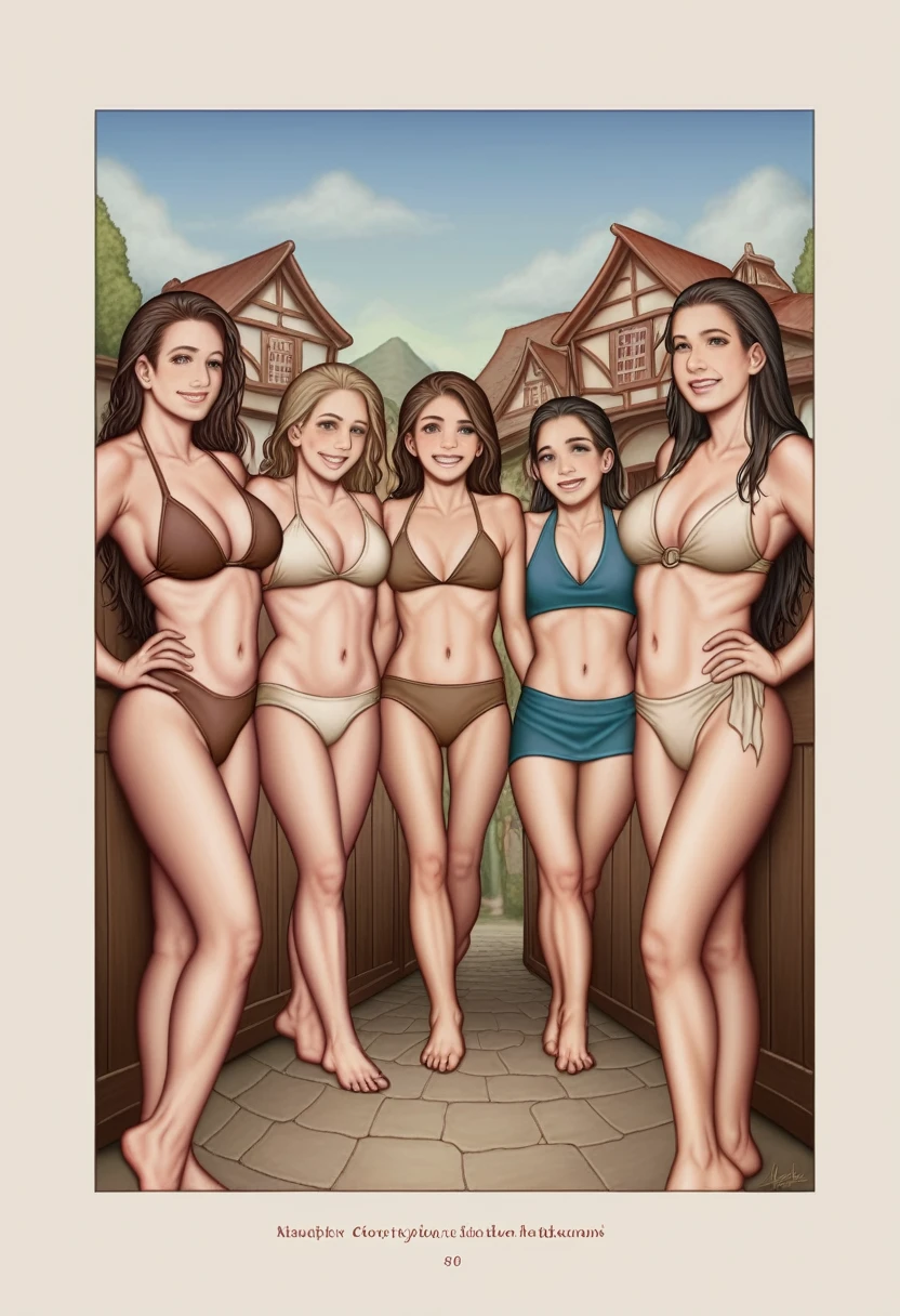 8k, best quality, works: 1.2), (realistic, photo-realistic: 1.37), very detailed, (7 girls), The realistic image shows a large group of women wearing cream-colored bikinis walking between thatched-roof houses. The women in the image appear to be of various ages and body shapes, and they are all wearing uniform swimsuits. The background shows rows of houses or buildings whose roofs are made of natural materials such as straw or thatch, which gives the impression of a traditional village or settlement. The atmosphere of this image looks like a parade or special event involving many female participants.
, breasts, beautiful eye details, (torn dress: 1.1), ((sexy)), (shabby brown bikini), curvy body, (whole body), standing, sexy,