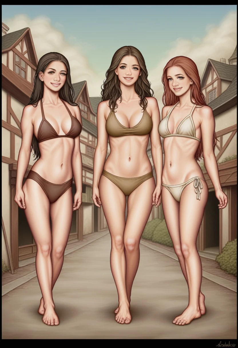8k, best quality, works: 1.2), (realistic, photo-realistic: 1.37), very detailed, (7 girls), The realistic image shows a large group of women wearing cream-colored bikinis walking between thatched-roof houses. The women in the image appear to be of various ages and body shapes, and they are all wearing uniform swimsuits. The background shows rows of houses or buildings whose roofs are made of natural materials such as straw or thatch, which gives the impression of a traditional village or settlement. The atmosphere of this image looks like a parade or special event involving many female participants.
, breasts, beautiful eye details, (torn dress: 1.1), ((sexy)), (shabby brown bikini), curvy body, (whole body), standing, sexy,