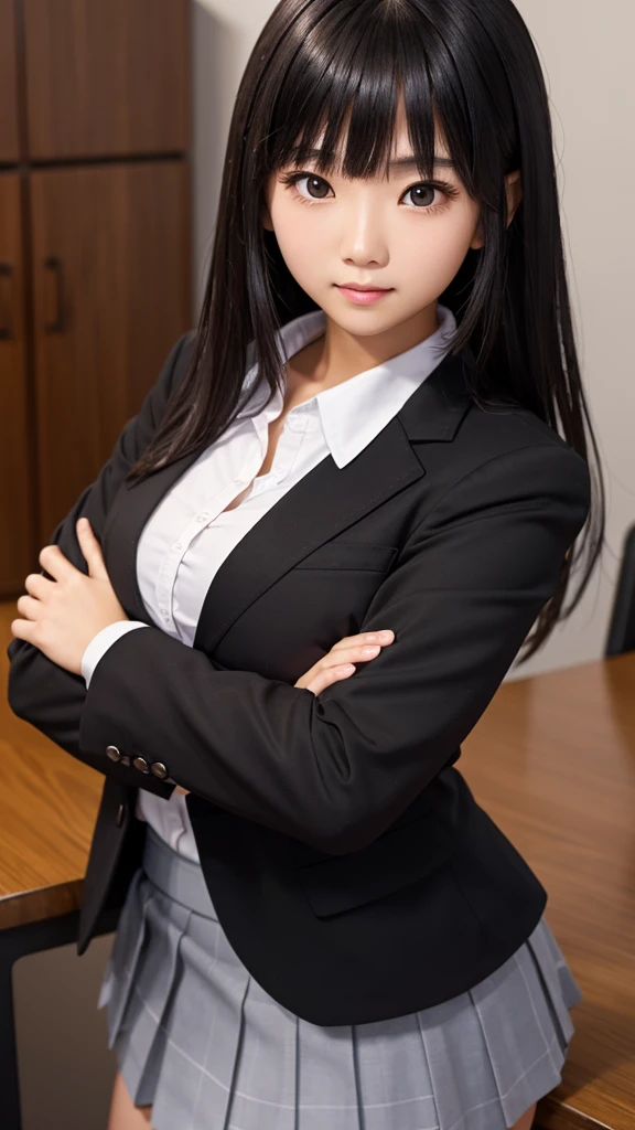 ((Tabletop)), (Detailed face), (highlight), Asian Girl、Black Hair、Heavy bangs、high school girl、skirt、blazer、Support your chest with your arms、Gazing Eyes、