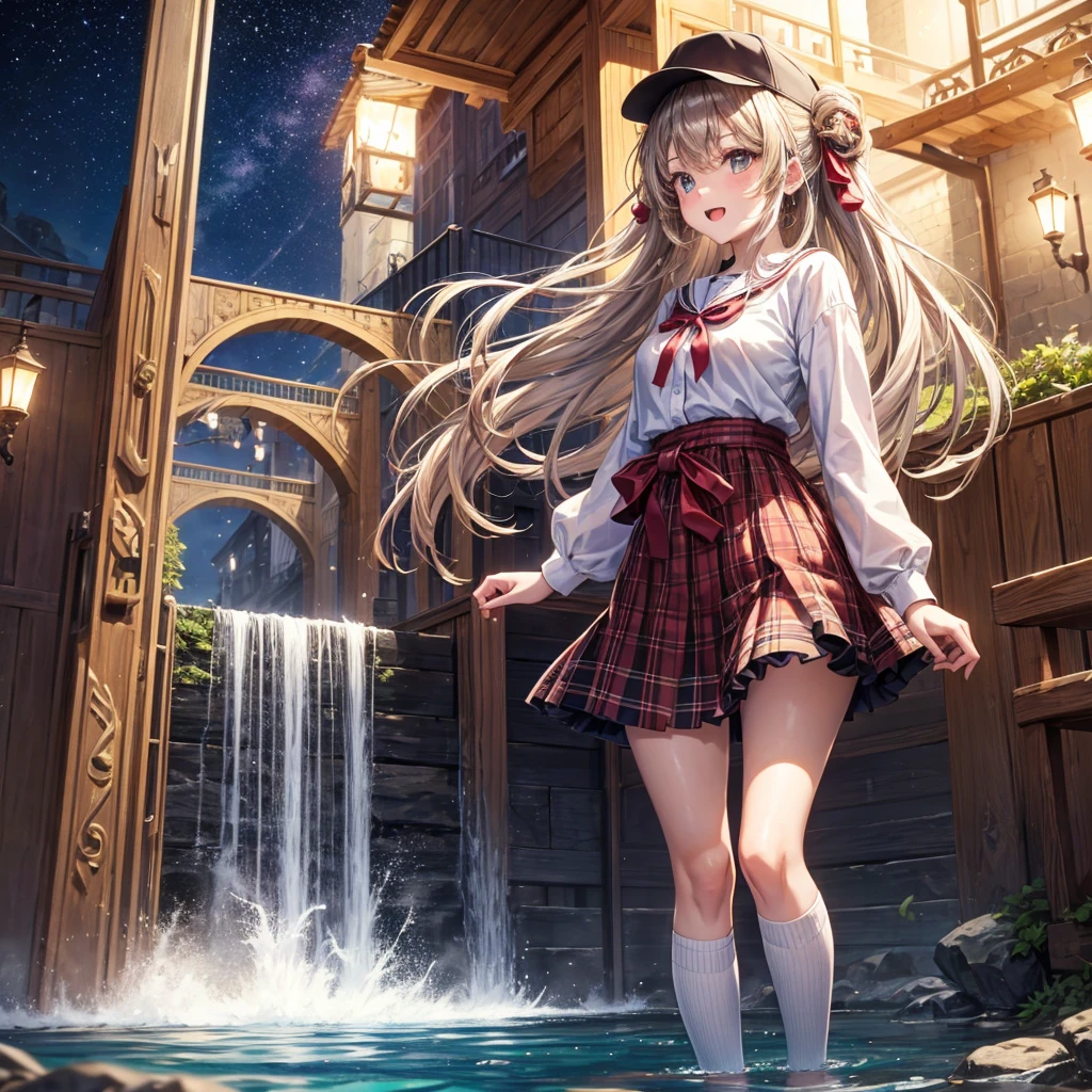 Red, brown, gold, gold hair、Golden Eyes、Hair tied up、One good looking girl、solo、anime、Checkered mini skirt、Ruffles on the skirt、Checked dress、blouse、school uniform、Black knee-high socks、Wearing a baseball cap、Ribbon、Ribbon on waist、Teeth are visible、Silver coin necklace、From above、Cobblestones、waterfall、Starry Sky、Midnight Moon、suspension bridge、Soap bubbles are flying、beam、ripple、Rocks floating in water、Crab walking、Standing still、Eight Towers
