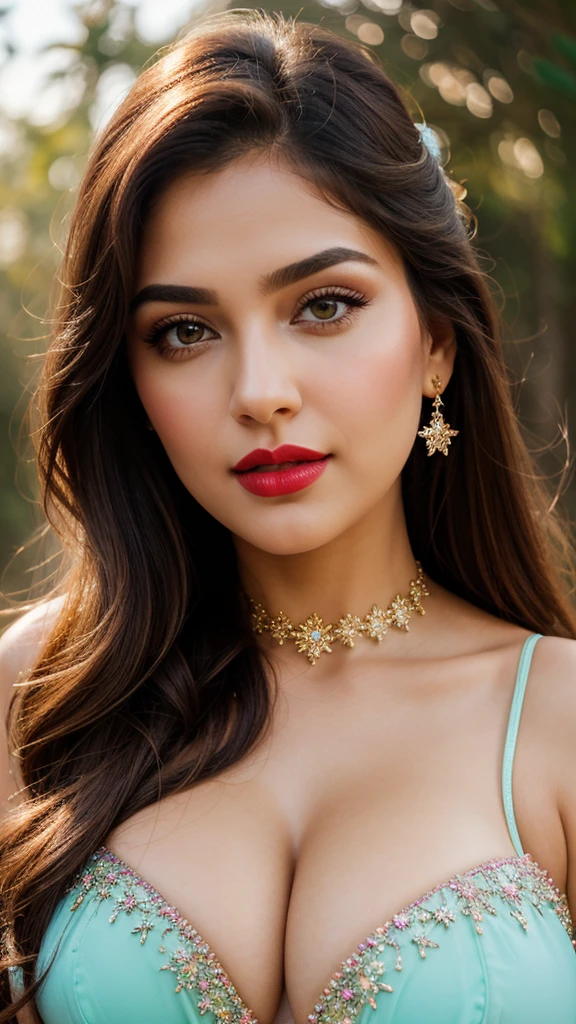 perfect pink eyes, fantastic face, Indian, beautiful look, ((red lips, bright eyes, curve heir 1.5)), ((beautiful details very big breast )), (Straight round and ultra huge clevage, not sagging breast), A glorious gorgeous, glorious gorgeous face, pretty face, bright eyes, detailed elegant printed red hijab, updo elegant hair, blurred gray tones background, ultra focus, face ilumined, face detailed, 8k resolution, painted, dry brush, brush strokes, razumov style and garmash style, by Tokaito, (fluorescent colours:1.4),(semi transparent:1.4),(retro filters:1.4),(fanciful:1.4),Candy World Disneyland Ethereal Soft Fluffy Soft Landscape Forest Snowflake Pale Pink Sky Green Blue Sparkling Ethereal Light Soft Whimsical Light Rainbow Stars Diamond Sparkle Gemstone Background Ultra Realistic Ultra High Quality Cinematic Lighting Huge Details Full HD Painting Plenty of light,diagonal bangs, Dress with collar,side masterpiece, best qualityer,realskin,(sportrait:1.5), 1girll, bluntbangs, long whitr hair,
