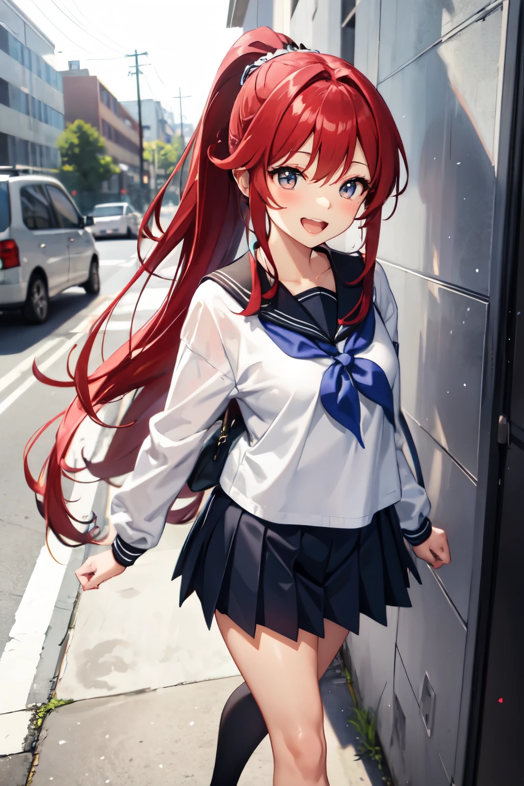 A cheerful anime girl with long, flowing red hair styled in a ponytail is walking home from school. She wears a sailor uniform.lewd,sexy