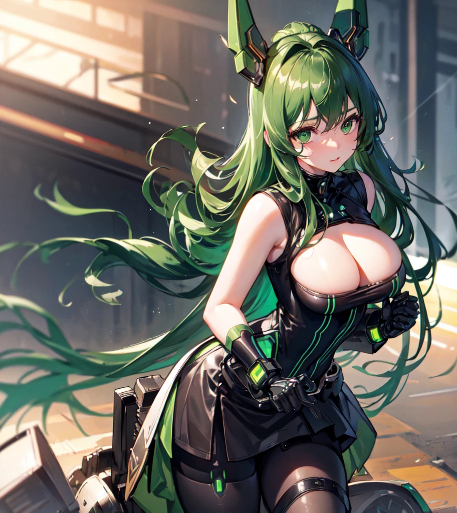 Highest image quality, outstanding details, ultra-high resolution, (realism: 1.4), the best illustration, favor details, highly condensed 1girl, with a delicate and beautiful face, dressed in a black and green mecha, wearing a mecha helmet, holding a directional controller, riding on a motorcycle, the background is a high-tech lighting scene of the future city.