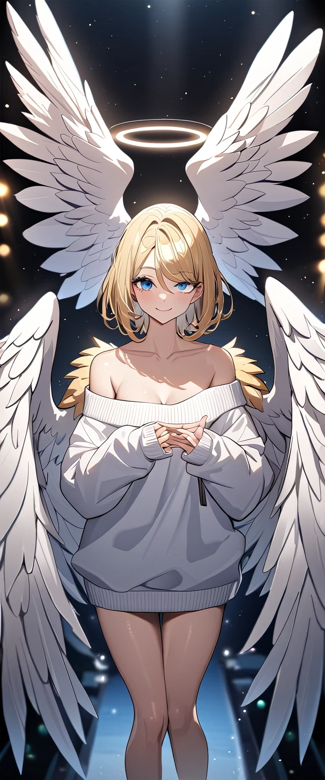 ((angel, big big white wings:1.3, halo:1.3)), (((full body))), ((flying)), archangel Uriel, ((wavy hair, outward curled hair)), evening, Sunset, ((blond hair, bob cut:1.3)), breasts, ager, (looking at viewer), oversized clothes, puffy long sleeves, collarbone, ((off-shoulder sweater dress:1.3, Quite thick shoulder straps)), (((sleeves past wrists:1.3))), ((white sweater)), collarbone, head tilt:1.3, (((blue eyes))), ((happy smile)), (((anime style))), (best quality, 4K, 8K, highres, masterpiece:1.2, ultra-detailed, ultra-detailed eyes, HDR, uhd, studio lighting, ultra-fine painting, sharp focus, physically-based rendering, extreme detail description, professional, vivid colors, bokeh), ((Highest quality, Best image quality, Ultra-high resolution, Ultra-high resolution, solo, Strong eye highlights)), Depth of written boundary, Natural soft light, attractive, Beautiful Face, Cleanliness, Pure Face, medium chest, Beautiful Face, Perfect Fingers, Perfect hands, Perfect body, Perfect Face, Shine a light into your eyes, Perfect Anatomy