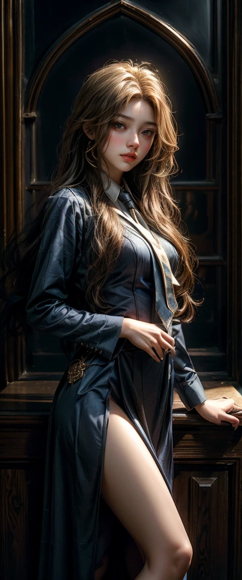 woman,long golden hairอ่อน,blue witch school uniform,Wear a blue tie with a cut pattern., Highest quality, Highest picture quality, high resolution, realistic, 8K, Highly detailed,In a small dark medieval room, blue witch , long golden hair,golden hair