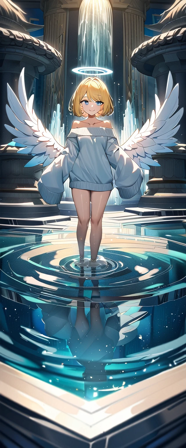 ((angel, big big white wings:1.3, halo:1.3)), (((full body))), ((flying)), Uriel, ((wavy hair, outward curled hair)), (water temple, crystal clear water:1.3), (crystal, reflective, glowing, waterlogged floor, fountain:1.5), (waterfall), (crystal textured interior), (water ripples:1.3), (clear blue crystal pillars:1.2), (geyser, indoor), (ice floor, ice wall:1.2), (light blue glowing:1.3), ((blond hair, bob cut:1.3)), breasts, teenager, (looking at viewer), oversized clothes, puffy long sleeves, collarbone, ((off-shoulder sweater dress:1.3, Quite thick shoulder straps)), (((sleeves past wrists:1.3))), ((white sweater)), collarbone, head tilt:1.3, (((blue eyes))), ((happy smile)), (((anime style))), (best quality, 4K, 8K, highres, masterpiece:1.2, ultra-detailed, ultra-detailed eyes, HDR, uhd, studio lighting, ultra-fine painting, sharp focus, physically-based rendering, extreme detail description, professional, vivid colors, bokeh), ((Highest quality, Best image quality, Ultra-high resolution, Ultra-high resolution, solo, Strong eye highlights)), Depth of written boundary, Natural soft light, attractive, Beautiful Face, Cleanliness, Pure Face, medium chest, Beautiful Face, Perfect Fingers, Perfect hands, Perfect body, Perfect Face, Shine a light into your eyes, Perfect Anatomy