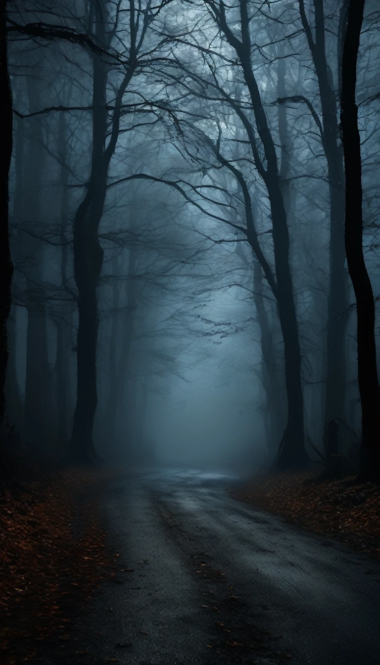 Dark, eerie forest road at night, thick fog, twisted trees, distant car headlights casting long shadows. Cinematic, high contrast, spooky, ominous.