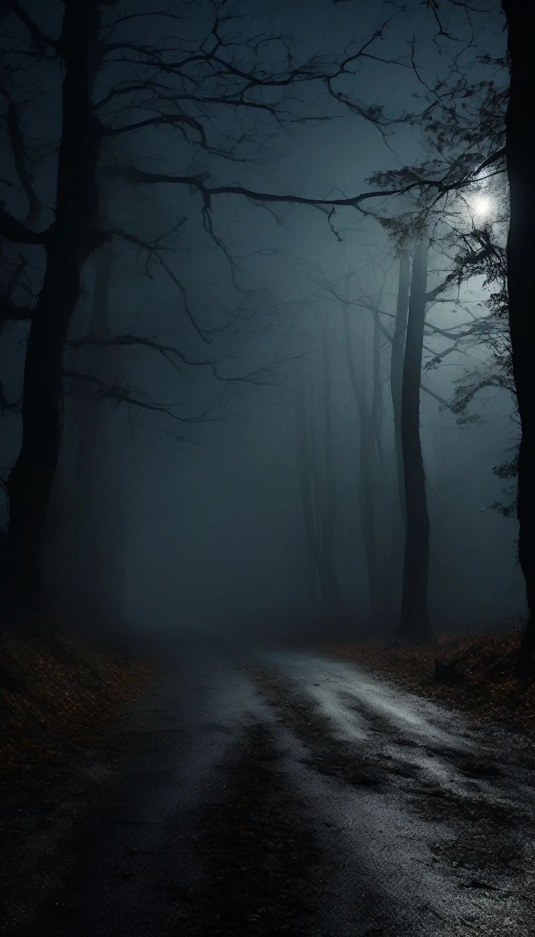 Dark, eerie forest road at night, thick fog, twisted trees, distant car headlights casting long shadows. Cinematic, high contrast, spooky, ominous.