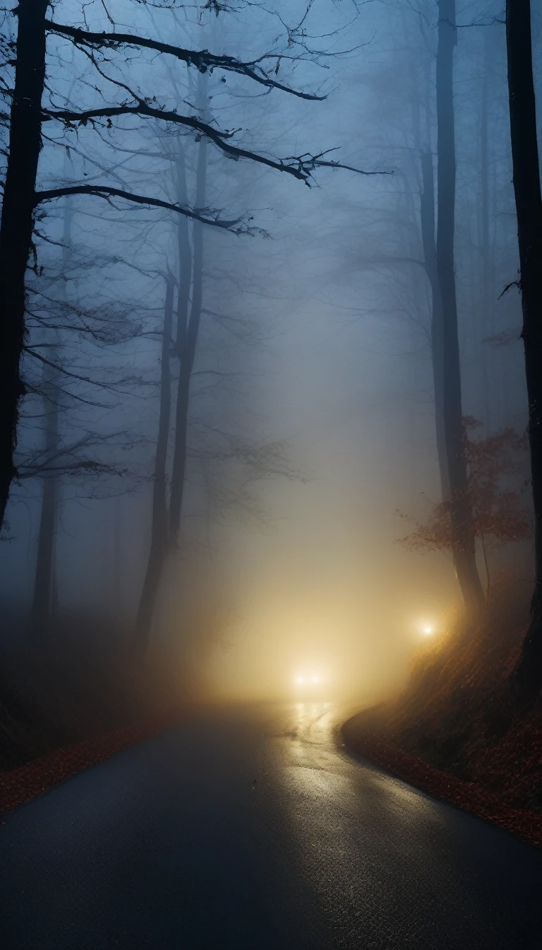 Car driving slowly on a foggy, winding forest road at night, headlights barely piercing the mist, twisted trees. Cinematic, high contrast, spooky.