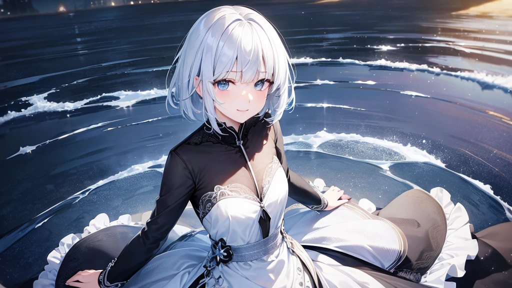 Ultra HD,Look at the viewers, Put your hands behind your back, With a girl, 20-year-old, 非常にShort Hair, Long bangs between the eyes, Pale blue eyes, Very detailed,(masterpiece、Highest quality),Gray Hair、Laughter、Fantastic, Silver Hair, Iris, Short hair、 Fluttering Hair、Small Face、明るいsmile、(Detailed face) ,Professional Lighting,Wonderful landscape,blue sky, sunlight,Looking down from above,Portraiture、Open your mouth、Flower Field、Her eyes were shining、Mysterious and enchanting atmosphere。With AI Painting、とてもShort Hair, Long bangs between the eyes, Very detailed,(masterpiece、Highest quality)、alone、Gray Hair、Fantasy, Silver Hair, Fantasyな風景、White shirt、smile、Open your mouth、short hair、Short Hair、hairpin、black eye、Grey Eyes、Beautiful Eyes、