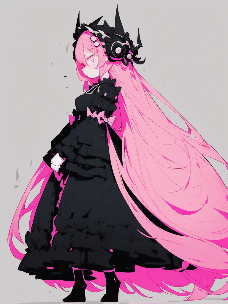 Create a simple yet highly detailed illustration of a young female character with long pink hair. She has black horns and is wearing a gothic-style outfit in black and pink. The character is holding a large scythe and has an angry expression. The background is plain pink with no additional images or illustrations. The overall style should be clean and minimalist, with high-contrast colors focusing on pink and black, blending cute and dark elements. The character should be centered in the composition.かわいい、笑う