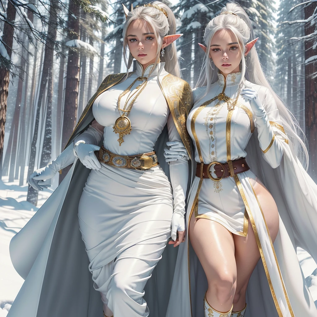 Realistic anime image, of a woman with light brown skin, cymetrical face, perfect beauty, (well-detailed blue eyes), long white hair tied up in a ponytail style, ((long pointed ears)), ((sensual lips) ), ((large, perky breasts)),((wide hips)),((thick thighs)), is wearing a long white fur dress with a high collar and long sleeves decorated with fine intricate details made in gold, (on On his chest he wears a beautiful silver chain from which hangs a silver medallion decorated with fine intricate details. At his waist he wears a wide silver chain belt. On his back he wears a thick white leather cape with raised lapels said with fine detail. in silver, the cape is tied by two silver brooches joined by a chain, thick white gloves on the hands, low-heeled knee-length white booties decorated with fine (intricate gold details), walking through a beautiful snowy forest of tall pine trees, on a sunny day with snow-covered ground, the sun's rays penetrate through the crown of the trees. HD image, high quality, 8k definition, volumetric light,
