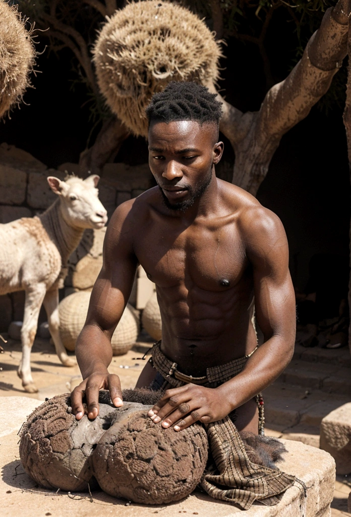 Elijah, a hairless African man dressed in an African fringe, burns a sheep on top of twelve large stones in a public place in broad daylight before fifty prophets of Baal. All Africans wearing clothes from the times of Jesus in Israel